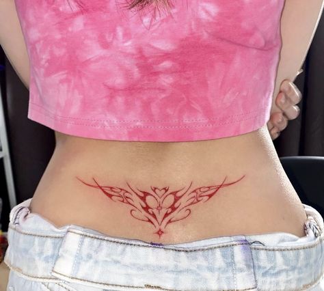 Small Hip Tattoo Ideas, Lower Back Tattoos For Women Unique, Pretty Tramp Stamp Tattoos, Red Heart Tattoos, Tramp Stamp Tattoos, Waist Tattoos, Pink Tattoo, Red Ink Tattoos, Red Tattoos