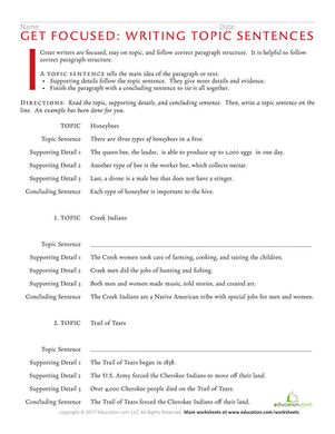 As students read the supporting details and concluding sentence for a specific topic, they will learn how to write an appropriate topic sentence. Topic Sentence And Supporting Details, Topic Sentence Worksheet, Topic Sentence Starters, Writing Topic Sentences, Informational Writing Graphic Organizer, Paragraph Writing Worksheets, Sentence Worksheet, Paragraph Structure, Sentences Worksheet