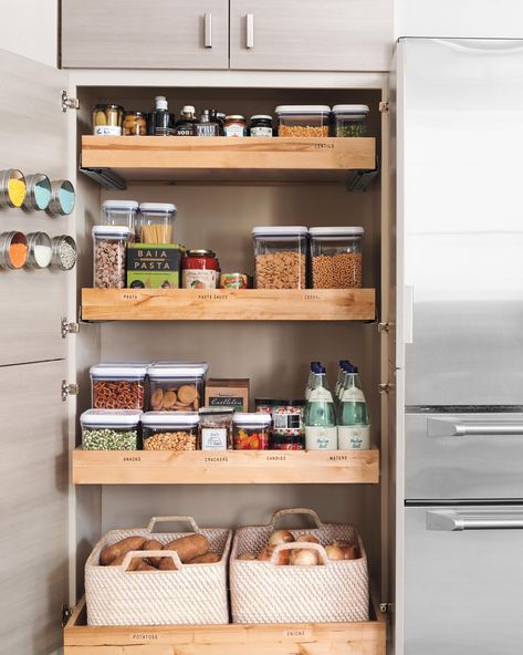 Baskets and Bins Pantry Organization Baskets, Small House Kitchen, Affordable Kitchen Cabinets, Sliding Shelves, Kitchen Pantry Cabinets, Kitchen Hacks Organization, Small Cabinet, Kitchen Cabinet Organization, Pantry Storage