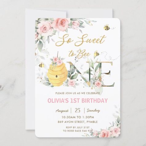 So Sweet To Be One Bees Pink Floral 1st Birthday Invitation Bee 1st Birthday Party, Sweet To Bee One, Bee 1st Birthday, Floral 1st Birthday, 1st Birthday Invitation, Bee Birthday, First Birthday Themes, Baby 1st Birthday, Invitation Ideas