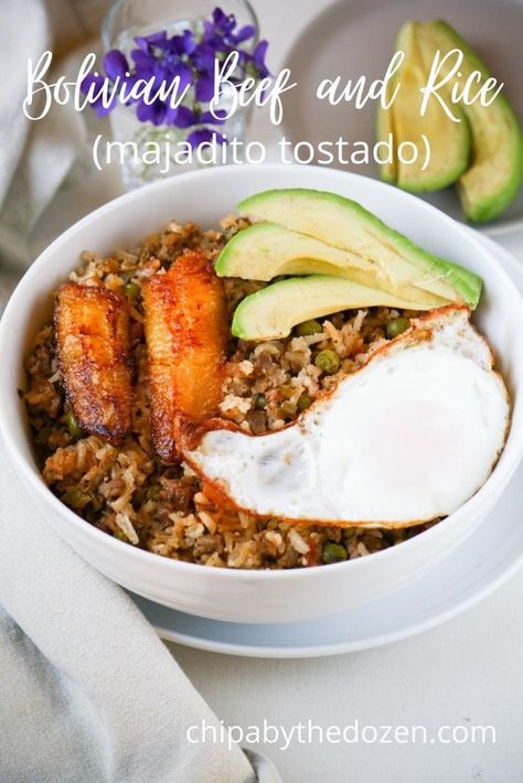 Majadito tostado or fried rice with beef is an eastern Bolivian dish that consists of fried rice with vegetables and meat. This traditional dish is served with fried plantains and a fried egg.#bolivianfood #friedrice #bolivianrecipes #plantains Fried Rice With Beef, Fried Rice With Vegetables, Bolivian Cuisine, Rice With Vegetables, Bolivian Food, Recetas Puertorriqueñas, Fried Plantains, South American Recipes, Ripe Plantain