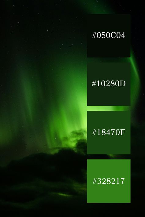 Aesthetic dark green color palette with an ethereal glow, as vibrant green auroras dance against a deep night sky, creating a mystical atmosphere. Green Glow Aesthetic, Dark Green Color Palette, Aesthetic Dark Green, Color Scheme Generator, Dark Ombre, Green Color Palette, Color Trends Fashion, Dark Green Color, Green Colour Palette