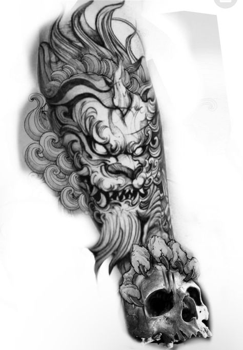 Susanoo Tattoo Japanese Mythology, Dragon And Lion Tattoo, Foo Lion Tattoo, Guys Leg Tattoos, Tattoos For Guys Leg, Half And Full Sleeve Tattoos, Foo Dog Tattoo Design, Foo Dog Tattoo, Tattoos Hand