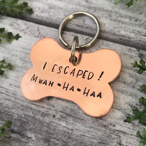 Dog ID Tag | I Escaped! Dog Tag | Bone Dog Tag | Funny Pet Tag | Copper Dog Tag | Pet ID Tag | Dog Identity Tag Cute Dog Tags, Cute Names For Dogs, Cute Dog Wallpaper, Luxury Dog Collars, Bone Dog, Dog Collar With Name, Dog Collar Tags, Custom Dog Collars, Personalized Dog Collars