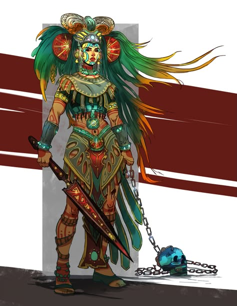 Aztec Dnd Character, Mayan Warrior Art, Mayan Character Design, Aztec Woman Warrior, Aztec Female Warrior, Aztec Character Design, Hispanic Character Design, Aztec Oc, Mexican Character Design