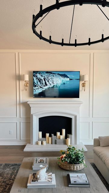 Wall Moulding Over Fireplace, Fireplace Tv Wall Moulding, Living Room Panelling With Fireplace, Picture Molding Around Fireplace, Living Room Panelling Fireplace, Wainscoting Next To Fireplace, Wainscoting Ideas Around Fireplace, Molding On Fireplace Wall, Panelling Living Room Fireplace