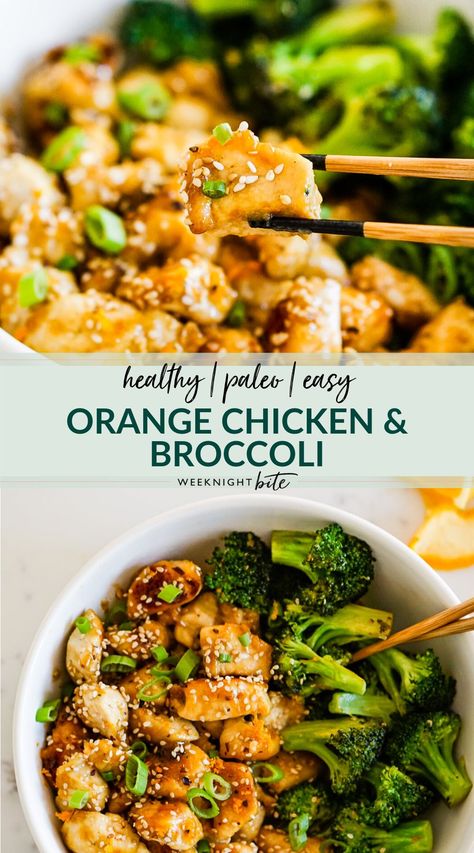 Paleo Orange Chicken and Broccoli | Weeknight Bite | This easy and delicious asian inspired dinner idea is a healthy update on the classic orange chicken recipe and uses only one pan! From gluten-free,, a bunch of simple & fresh ingredients and no additional sweeteners. You’ll love this quick & healthy spin on everyone’s favorite take-out! Paleo Dinner Bowls, Orange Chicken Broccoli Recipe, Orange Chicken With Broccoli, Paleo Orange Chicken Recipe, Easy Healthy Orange Chicken, One Pan Paleo Dinners, Orange Chicken Bowl Recipe, Dinner Ideas Balanced, Paleo Chicken Bowl