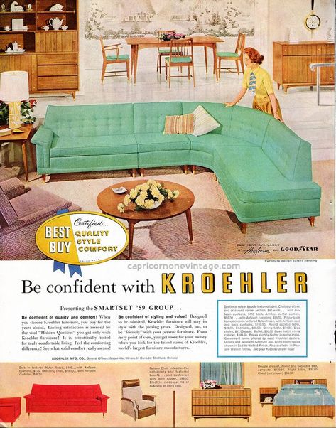 1958 kroehler furniture magazine ad. Mid century modern furniture from the smartset '59 group. Vintage ad/ mid century modern decor #MCM #1950s #vintagead #vintagedecor #livingroom #sofa Turquoise Couch, Modern Couch Sectional, Mid 20th Century Furniture, Sala Vintage, 1950s Home Decor, Furniture Magazine, 1950s Furniture, Vintage Furniture Makeover, Mid Century Modern Sectional