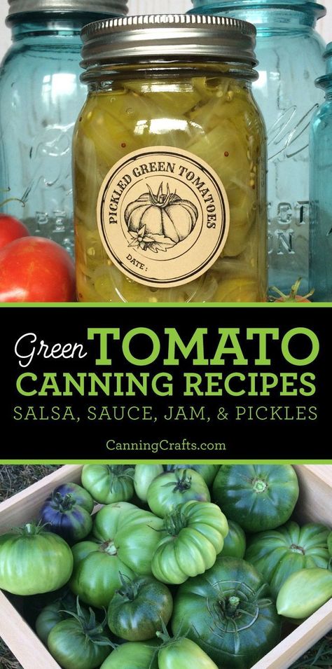 Preserve your green tomatoes into pickles, chutney & more! Get a big list of tomato canning recipes for both green & red tomatoes. Find recipes for salsa, jam, chutney, relish, or sauce for water bath or pressure canning methods. There are also a handful of refrigerator and dehydrator recipes | Read more on CanningCrafts.com | #CanningCrafts #canning #foodpreservation #preserving #homecanning #canningrecipes #recipe #pickledgreentomatoes #salsa Sweet Green Tomato Relish Recipe, Tomato Canning Recipes, Tomato Salsa Canning, Canning Methods, Canning Basics, Canning Green Tomatoes, Tomato Canning, Green Tomato Salsa, Green Tomato Relish