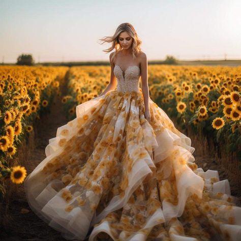 Sunflower Dress Outfit Wedding, White Sunflower Dress, Fantasy Yellow Dress, Big Yellow Dress, Sun Themed Wedding Dress, White And Yellow Wedding Dress, Sunflower Wedding Dress The Bride, Orange Wedding Dresses, Sunflower Wedding Dress