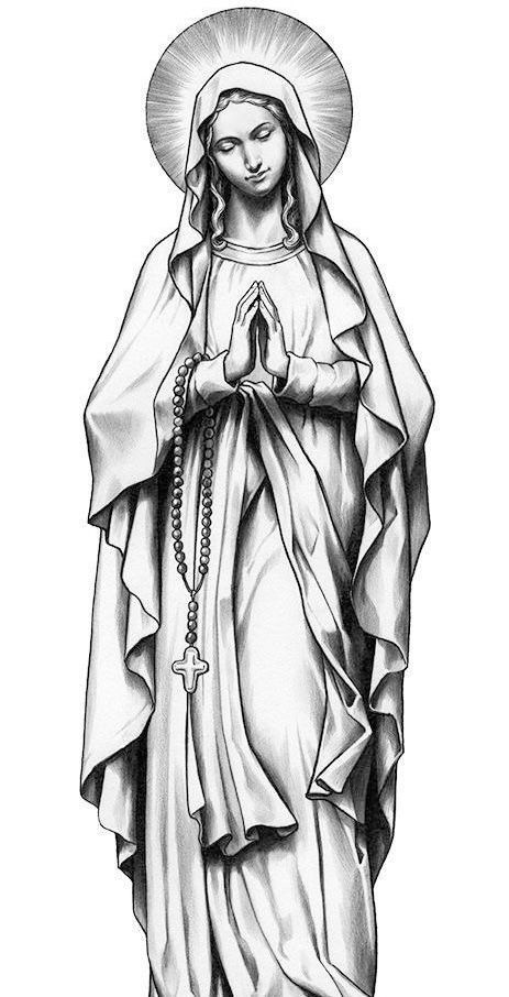 Religous Tattoo Drawing, Mary The Virgin Tattoo, Virgin Mary Sacred Heart Tattoo, Virgin Fatima Tattoo, Virgin Mary Drawing Tattoo, Mary Praying Tattoo, Mary And Jesus Tattoo, Mother Mary Tattoo Design, St Mary Tattoo