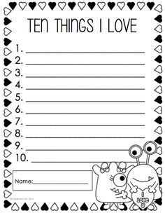 Things I Love List, February Printables, First Grade Writing Prompts, Valentines Writing, February Classroom, Kindergarten Valentines, February Activity, Teaching Holidays, 1st Grade Writing