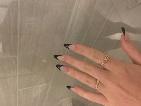 Clear Nails With Black Tips, Nails Coffin Black Tip, Nail Inspo Coffin Black French Tip, Clear Black French Tip Nails, Black And Clear Acrylic Nails, Almond French Tip Nails Black, Grunge French Tip Nails, Bday Nails Ideas Short Almond, Aesthetic Black Almond Nails