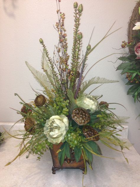 Tuscan arrangement in cream and green with brown seed pods Mailbox Planter, Rustic Flower Arrangements, Winter Floral Arrangements, Sympathy Arrangements, Silk Arrangements, Fall Flower Arrangements, Church Flower Arrangements, Artificial Floral Arrangements, Fall Floral Arrangements