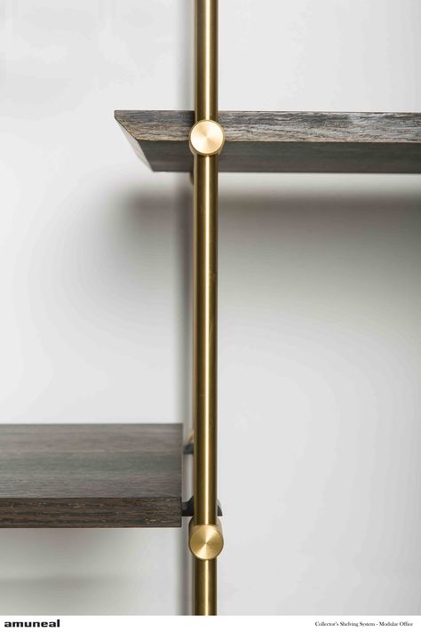 Beauty Shot of our Brass Piping in our Collector's Shelving System! Brass Shelving, Desk Units, Modular Office, Joinery Details, Brass Pipe, Shelving Design, Working Drawing, Wall Units, Brass Kitchen