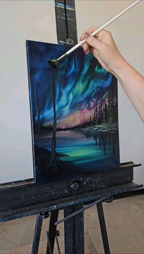 Aurora Sky Painting, Arora Painting On Canvas, Tree Of Life Acrylic Painting, Aurora Acrylic Painting, Aurora Painting Acrylic, Blending Acrylic Paint On Canvas, Fantasy Painting Ideas, Fantasy Acrylic Painting, Aurora Painting