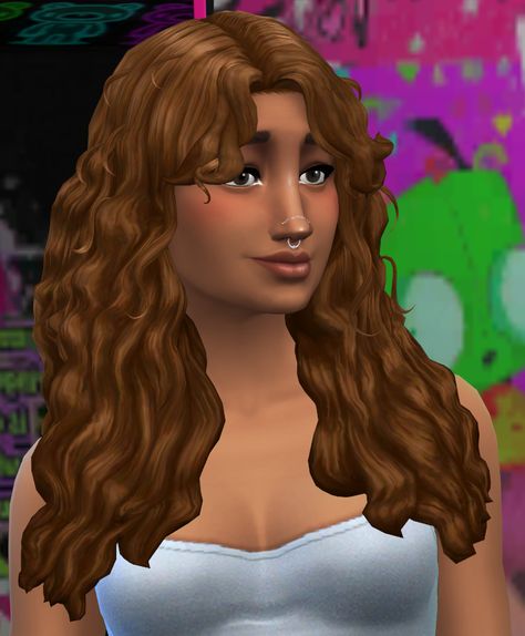 a sim from the sims 4 with shoulder-length, wavy/curly hair with bangs (custom content) Sims 4 Curly Hair With Bangs, Curly Hair With Bangs Sims 4 Cc, Wavy Curly Hair With Bangs, Sims 4 Curly Hair, Curly Fringe, Side Bangs Hairstyles, Layered Curly Hair, Shaggy Hair, Curly Bangs