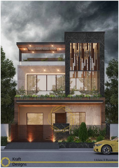 Double Height Front Elevation, Fasade House, Residence Elevation, Villa Facade, House Structure Design, Elevation Ideas, Building Front Designs, Bungalow Interiors, Hotel Corridor