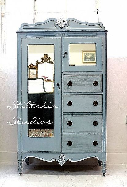 new life for a old chifferobe, painted furniture, The finished product Blue Armoire, Painting Wooden Furniture, Greenish Grey, Shabby Chic Dresser, Wicker Decor, Furniture Rehab, Antique Blue, Distressed Furniture, French Grey