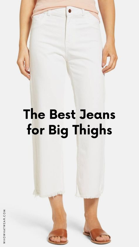 Finding flattering jeans that fit big thighs isn't so easy. We've rounded up some pairs you will love. Curvy Bottom Outfits, Round Hips Outfit, Best Pants For Thick Thighs, Big Thighs Outfit Ideas, Best Jeans For Big Thighs, Outfit For Big Thighs, Jeans For Big Thighs Small Waist, Jeans For Big Hips, Big Hips Outfit Ideas