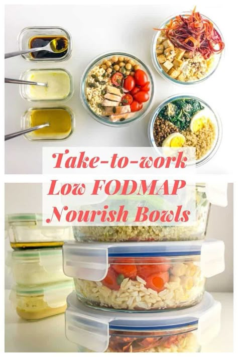 Customize a packable low FODMAP lunch with a delicious nourish bowl. Follow these easy steps and you'll have a filling take-to-work meal. Fodmap Recipes Lunch, Easy Fodmap Recipes, Fodmap Diet Food Lists, Low Fodmap Lunch, Low Fodmap Diet Plan, Fodmap Lunch, Fodmap Diet Plan, Low Fodmap Meals, Low Fodmap Recipes Dinner