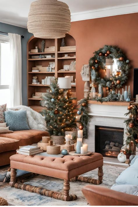 Fireplace Terracotta, Terracotta Christmas Decor, Terracotta Fireplace, Terracotta Christmas, Terracotta Walls, Christmas Colour Schemes, Fireplace Christmas, Neutral Christmas Decor, Orange Christmas