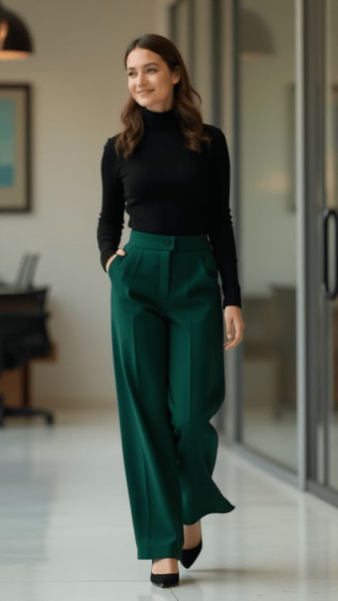 15 Chic Winter Work Outfits for the Office Retro Office Outfits Women, Office Inspo Outfit, Winter Professional Outfits Women Work, Professional Clothes For Women, Green Wide Leg Pants Outfit Winter, Jewel Tone Work Outfit, Polished Work Looks, Turtleneck Office Outfit, Classic Style Outfits Winter