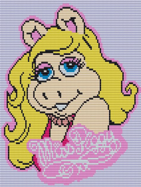 Miss Piggy - The Muppets Square Grid Pattern by Man in the Book 106 Columns X 109 Rows Miss Piggy Perler Beads, Muppet Pixel Art, Muppet Cross Stitch, Muppets Cross Stitch, Square Grid Pattern, Cross Stitch Floss, Arte Sailor Moon, Square Grid, Filet Crochet Charts