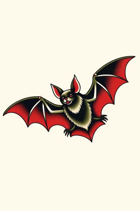 Ever wonder what lurks in the night? Discover Their Meaning: Bat tattoos offer a glimpse into the realm of creatures that thrive in darkness, symbolizing mystery and survival. BONUS INFORMATION: They're emblems of the unseen forces that shape our world. Delve into the mystery with us.  ... daha fazla Bat Tattoo American Traditional, Traditional Style Bat Tattoo, Animal Traditional Tattoo, American Traditional Animals, Bat Traditional Tattoo, Trad Bat Tattoo, American Traditional Bat Tattoo, Traditional Bat Tattoo, Meaning Aesthetic