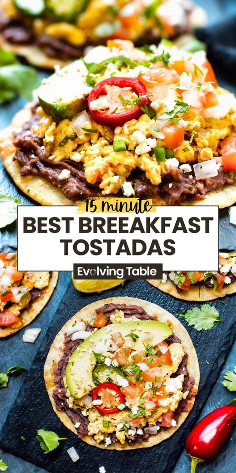 Pile up your favorite Mexican-inspired fixings on these super quick breakfast tostadas! Toasted corn tortillas are loaded with eggs, black beans, avocado, and pico de gallo for an awesome way to start your morning. Plus, it all comes together in about 15 minutes! Breakfast Tostadas, Apple Breakfast Recipes, Crescent Roll Breakfast Recipes, Savory Breakfast Recipes, Breakfast Crockpot Recipes, Frijoles Refritos, Mexican Breakfast Recipes, Fluffy Eggs, Breakfast Recipes Sweet