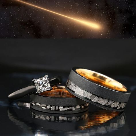 His and Her 3 Piece Real Meteorite Ring Tungsten Gold Plated & - Etsy Unique Wedding Rings Sets Couples, His And Hers Rings Wedding, Unique Matching Wedding Rings, Women’s Wedding Rings, Meteorite Ring Engagement, Wedding Bands His And Hers Unique, Matching Rings For Couples Wedding Bands, Wedding Ring Sets His And Hers, 3 Band Wedding Rings Sets