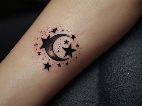 Moon Tattoo girly three stars small family 3 Moon And Stars Tattoo Arm, Crescent Moon And Star Tattoo, Practice Tattoos, Image Prompts, Star Tattoo Designs, Three Star, Star Tattoos, Small Family, Moon Tattoo