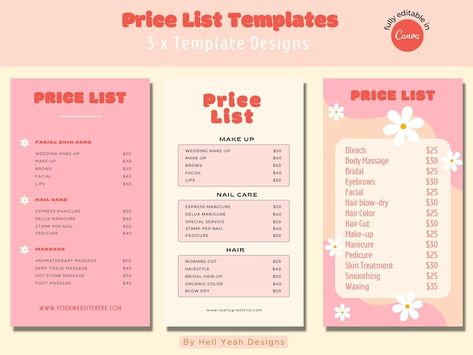 Beauty Shop Price List, Aesthetic Price List Template, Price List Flyer Design, Graphic Design Services Price List, Pink Price List Template, Etsy Banner Design, Price List Template, Etsy Banner, Canva Pro