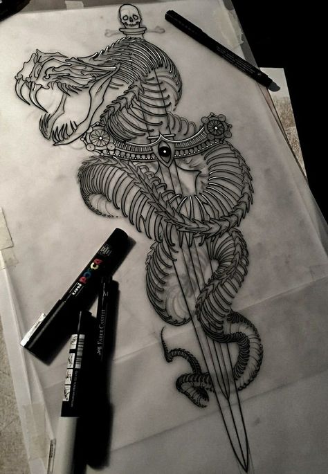 Gothic Snake Tattoo, Snake Skeleton Drawing, Dark Snake Tattoo, Skeleton Snake Tattoo, Snake Tattoo Thigh, Skull And Snake Tattoo Design, Blackwork Back Tattoo, Snake Thigh Tattoo, Backpiece Tattoo For Women