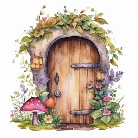 Fairy Door Tattoo, Fairy Door Painting, Fairy Door Drawing, Fairy House Door, Cottage Clipart, Knitting Cartoon, Spring Flowers Watercolor, Door Illustration, Secret Garden Door