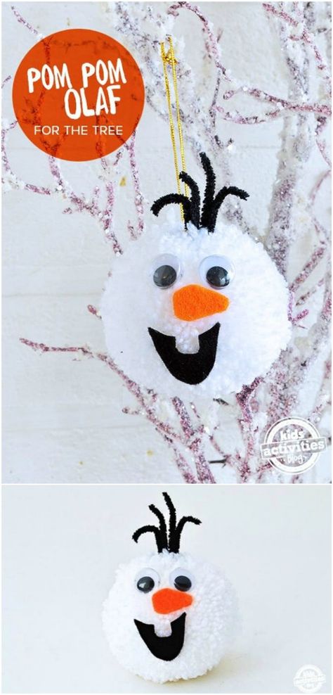 Olaf Ornament Diy, Olaf Christmas Decorations, Pompon Crafts, Diy Disney Christmas, Pom Pom Snowman, Pom Pom Ornaments, Olaf Ornament, Christmas Pom Pom Crafts, Disney Princess Ornaments