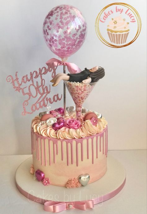 Pink drip cake with model in cocktail glass 50th Cocktail Themed Cake, Pink 50th Birthday Cake, Birthday Cake Wine, Hawaiian Theme Cakes, Pink Drip Cake, 50th Birthday Cake For Women, Queens Birthday Cake, 40th Cake, 18th Birthday Decorations