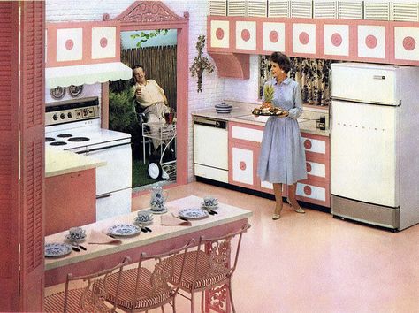 vintage kitchen design, Hotpoint appliance 1960 ~ housewife, homemaker 1960 Housewife, Retro Home Decor 1950s, 1940 Kitchen, Pink Kitchen Cabinets, San Leandro California, Purple Cabinets, Retro Pink Kitchens, Yellow Kitchen Designs, Kitchen Nostalgia