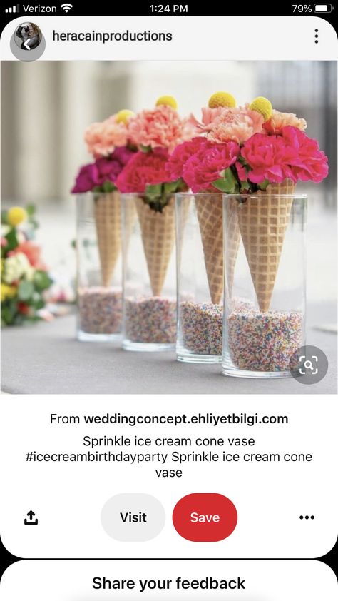 Ice Cream Party Flower Centerpieces, Ice Cream Flower Centerpieces, Ice Cream Theme Centerpiece Ideas, Ice Cream Themed Centerpieces, Sprinkled With Love Centerpieces, Sprinkle Theme Centerpieces, Sprinkle Flower Vases, Flowers In Ice Cream Cones, Ice Cream Cone Flowers