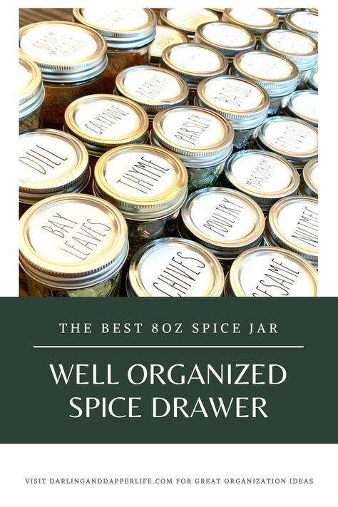 The Well Organized Spice Drawer: Featuring the Best 8 oz Spice Jars - Diy Spice Labels, Jars Organization, Spice Organization Drawer, Round Sticker Labels, Spice Jar Labels, Diy Spices, Spice Drawer, Wide Mouth Mason Jars, Glass Spice Jars