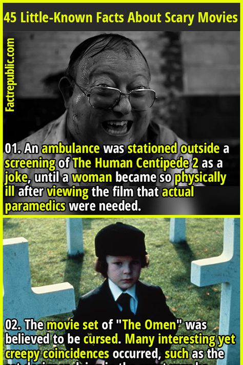 01. An ambulance was stationed outside a screening of The Human Centipede 2 as a joke, until a woman became so physically ill after viewing the film that actual paramedics were needed. #movies #films #hollywood #scary #horror #didyouknow Weird True Stories, The Human Centipede, Human Centipede, Weird History Facts, Creepy History, Youtube Facts, Short Horror Stories, Fact Republic, Wives Tales