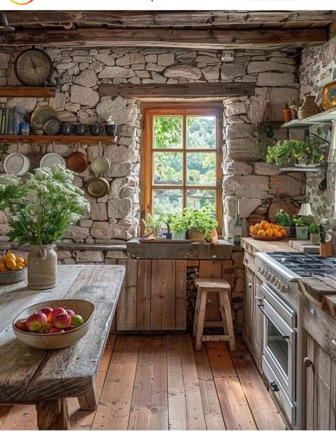 Rustic Stone Kitchen, Stone Cottages Interior, Interior Styles Guide, English Cottage Kitchens, Cottage Core Kitchen, Country Cottage Farmhouse, Cottage Kitchen Design, Rustic Kitchen Design, Stone Kitchen