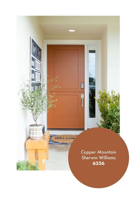 HGTV Jasmine ROth favorite front door paint color Painting Double Doors, Front Door Colors Black House, Colors For Shutters And Front Door, Gray House With Colored Front Door, Fun Door Colors Entrance, Entryway Door Colors Interior, Front Door Brown House, Terra Cotta Front Door, Mustard Front Door