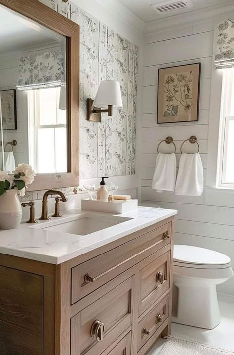 Half Bath Inspiration Farmhouse, Bridgeton House, Vintage Bathroom Inspiration, Colonial Bathroom, Vintage Modern Bathroom, Vintage Fixtures, Farmhouse Reno, Modern Farmhouse Bathroom Ideas, Future Farmhouse