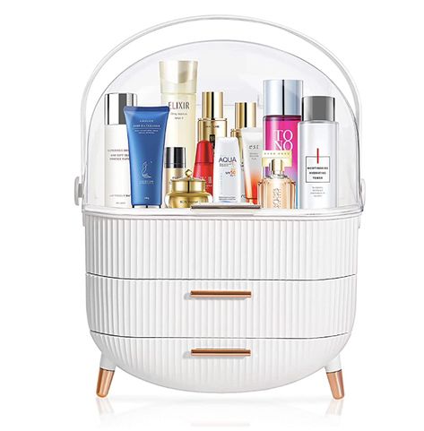 MASSY Egg Shape(Oval) Makeup Storage Box, Countertop Portable Vanity Cosmetics Organizer Preppy Style (White) Bedroom Vanity Desk, Portable Vanity, Oval Makeup, Makeup Storage Organization, Makeup Storage Box, Cosmetic Display, Plastic Organizer, Skincare Organization, Preppy Room