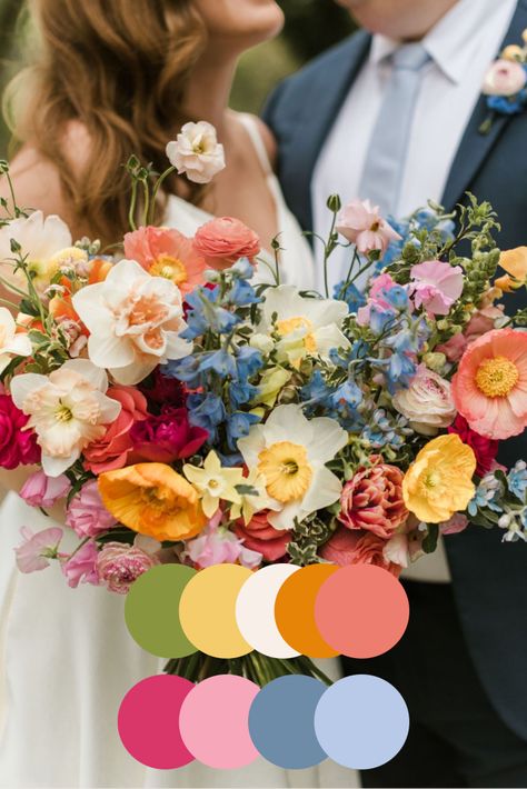 Wild Flower Garden Wedding, Pink Orange Green Color Scheme Wedding, Vivid Wedding Color Schemes, Wedding Colorful Decorations, Spring Wedding Colors With Navy, Spring Jewel Tones, Floral Wedding Colors, Lesbian Wedding Color Schemes, Pink Purple Blue Yellow Color Palette