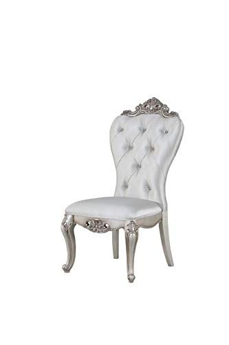 Acme Furniture Side Chair, Cream Fabric & Antique White Victorian Dining Chairs, Queen Chair, Tufted Side Chair, Carved Wood Frame, Unique Chair, Acme Furniture, Cream Fabric, Beautiful Chair, Upholstered Fabric