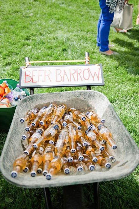 Perfect for keeping beers and drinks cold at any outdoor event. All you need is a wheelbarrow, ice, and your drinks! Beer Barrow, Backyard Wedding Decorations, Rustic Wedding Decorations, Rustic Backyard, Wedding Organizer, I Do Bbq, Bbq Wedding, Unusual Weddings, Boda Mexicana