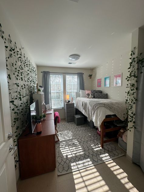 college, college tips, college dorm room, dorm, dorm room, pink, grey, wall art, wall decor, throw pillows, throw blanket, storage, organization, storage ideas, underbed storage, bedroom, bedroom inspiration, apartment, apartment decor, dorm decor, room decor Single Bed Dorm Room, Dorm Room Ideas Grey And Pink, Gcu Apartment Room Ideas, Dorm Room Ideas With Tv, Dorm Room Ideas Full Size Bed, Female Dorm Room Ideas, Dorm Room With Tv, Dorm Single Room Ideas, Single Dorm Room Layout