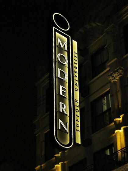 Modern Theatre, Suffolk University, Boston MA, Marquee Sign Blade Signage, Theatre Marquee, Retro Signage, Modern Theatre, Commercial Signage, Blade Sign, Suffolk University, Park Signage, Signage Board